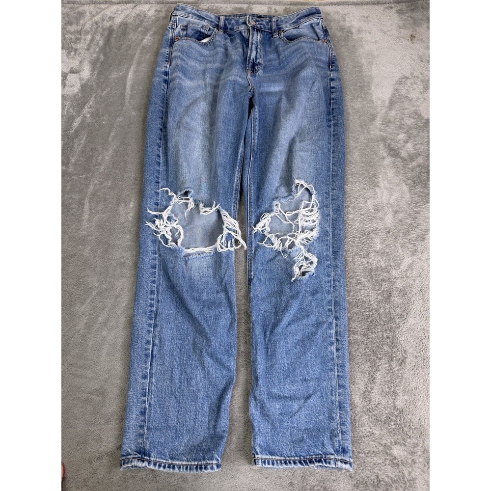 American Eagle Outfitters Women's Straight Leg Jeans - Light Blue Distressed